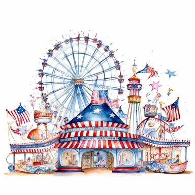 Watercolor illustration of a 4th of July carnival with rides and games, clip art, aquarelle, white background
