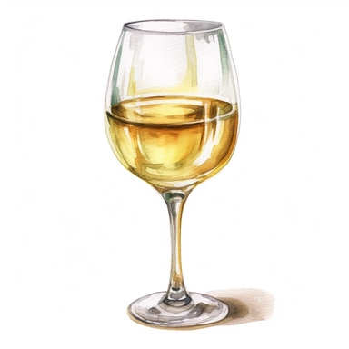 hand drawn glass of white wine, glamorous, very detailed and realistic, watercolor, white background with margins, clipart style