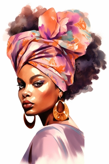 Portrait afro girl woman wears bandana for curly hairstyles. profile, black melanin skin. Shenbolen Ankara Headwrap Women. Afro Traditional Headtie Scarf Turban in tribal zebra fabric design texture watercolor clipart. pink indigo and orange. gold details on purple background watercolor texture. white flowers.