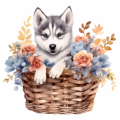 Siberian Husky puppy, sitting in a basket with hyper-realistic winter flowers, watercolor illustration, clipart, full body, hyper-realistic animal illustration, childlike, free brushwork, white background, cute