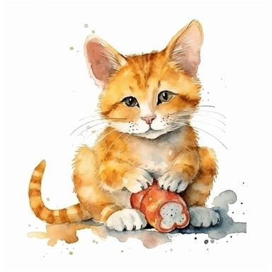 Curious orange cat with a mouse toy, watercolor, clipart, on isolated on white background.
