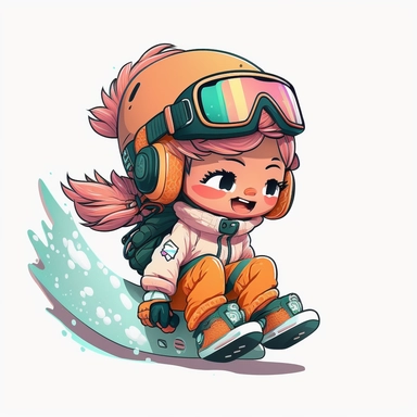 chibi kawaii girl snowboarding, smiling, full body, downhill snowboard clipart, Sport graphics, 16k polished, Octane Render, Photograph, Extremely detailed, by Canon r3 85 mm 2.8 lens, isolated on white background
