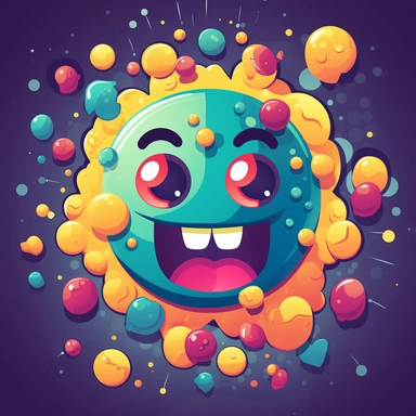 A colorful and playful vector illustration of a virus with a friendly expression, surrounded by tiny heart-shaped particles. The style is cartoonish and whimsical, invoking a sense of fun and lightheartedness. The mood is optimistic and cheerful, suggesting that the virus can be tamed or even conquered with the right approach. The lighting style is soft and diffused, giving a sense of warmth and comfort. Created by Artista, Clipart graphic, sticker, vector, svg, solid white background