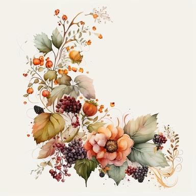 watercolor dusty red floral in the far bottom left corner and far top right coner only, and blackberries in the far bottom left left corner and far up right corner only, clipart, orange, white background, no text
