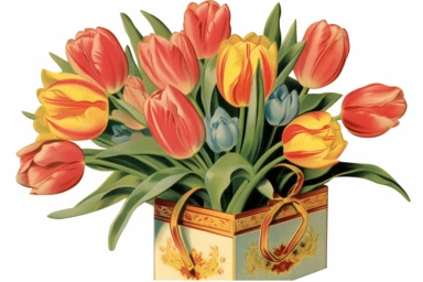 Vintage 1920 detailed open victorian gift box of Tulips Illustration , Chromolithograph, Die Cut, 1920s Illustration, Vintage, Chromolithograph, Colorful, Antique, Ephemera, Clipart, 8k, Isolated on white