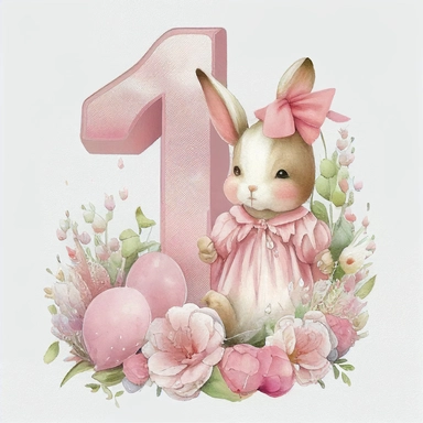 a beautiful watercolour 3d pink number 1 draped in beautiful flowers, a classic cute Beatrix potter pink rabbit, birthday party, holding pretty pink balloons, birthday cake, birthday themed, transparent background, Clipart style, solid white background, png style