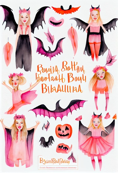 a pretty boho fun art collection on a white background with margins, pink orange and black Halloween girl vampires and bats, watercolor, clipart,
