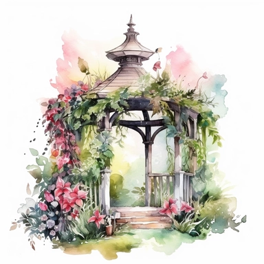 secret fantasy garden watercolor clipart, with gazebo, make it creative and detailed, white background
