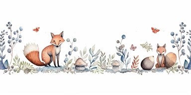a woodland doodle border for winter, cute, watercolor, clip art style
