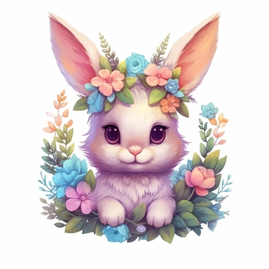 Kawaii Pastel Bunny Clipart floral magical, Cartoon, hyper realistic, intricate detail, illustration style, high resolution, on the white background
