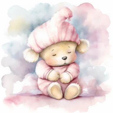 clipart, a whimsical illustration of a contented, loving and angelic baby teddy bear, wearing pajamas and pajamas hat, floating on a cloud, surrendered by pink fluffy clouds, Use a smooth and light watercolor technique to give the artwork a dreamy and ethereal quality