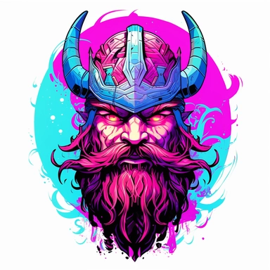 synthwave-styled furious Viking, watercolor , in the style of dan mumford, light magenta, tropical symbolism, cute and colorful, transparent layers, rounded, vibrant and colorful, clipart, white background, high detail, individual elements
