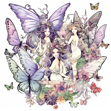 Clipart of summer fairy butterflies and flowers, in the style of watercolour, clean outline, individual, magical, enchanted,