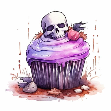 delicious halloween cupcake with grave stones , watercolour illustration clipart, extremely detailed, 4k, high quality, colour scheme black, silver and purple , isolated on white background