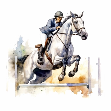 Takes horse jump lessons, highly detailed, watercolor, clipart, illustration, white background, digital painting, paper crafting, no signature, no text