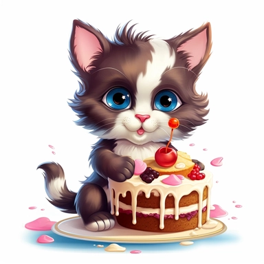 Clipart of a cute cat eating a cake full multicolor white background