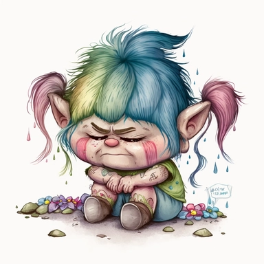 a watercolor clip art character illustration that combines the innocent and angelic expression of Precious Moments with the mischievous and magical attributes of Trolls, comforting another troll character who is feeling sad or down, demonstrating empathy and compassion., white background.