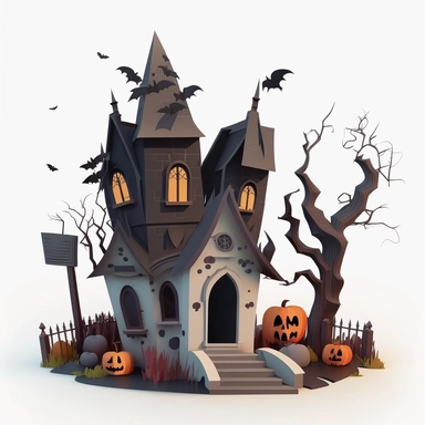 halloween haunted house with spooky decorations. cartoonish design. white background. no tags. CLIPART!!