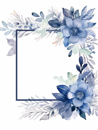 Square watercolor leaf frame, clipart, in the style of cottagecore, enchanting bloomcore, high resolution, joyful celebration of nature, white and blue