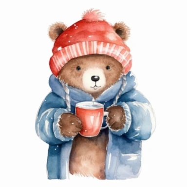 A Cute winter Watercolor Clipart , hand drawn ,a bear holding a cup of hot coco while wearing a winter costume looking knowingly out over the street from the window, cozy ,highly detailed,white background for removing background - - no text shadow font watermark