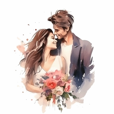 Glamorous and romantic wedding realistic watercolor, the beautiful bride and groom laughing together. Smiling and happy wedding coupe. The bride is wearing long dark hair wearing boho jewelry and a veil, translucent, multi-layered, and delicate, with a bouquet of flowers of very delicate colors, fashion photography, watercolor clipart