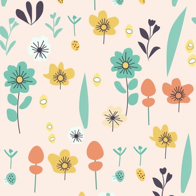 simple floral Pattern | GENRE: digital graphic clipart Art | EMOTION: cheerful | SCENE: A seamless pattern featuring simple digital graphic clipart art flowers in same sizes, with balanced negative space, in a peaceful and dreamy color palette | TAGS: doodle, floral, pattern, simple, cheerful | DESIGN ELEMENTS: Organic shames, bold textures, ample negative space | AESTHETIC: cheerful cartoon | COMPOSITION: Seamless, repeating pattern with a harmonious arrangement of elements and balanced negativ