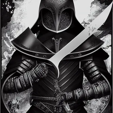 medieval character concept, black cloaked mercenary plate armor, wielding a two handed sword, representing death, png, png cut out, dark blacks, intricate detail, symmetrical design clipart,