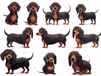full body images of a cute friendly happy black and brown dachshunds and as DIGITAL CLIPART with WHITE BACKGROUND IN THE ART STYLE OF OLIVER JEFFERS