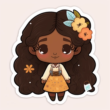 Clipart sticker of happy adorable brown skin black kawaii girl wearing a cozy fall sweater, autumn leaves, printable planner sticker, white thick stroke, cozy illustration