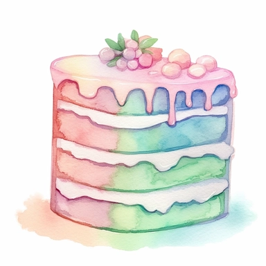watercolor slice of five layer iced rainbow cake clipart, in pastel pink, pastel bue and pastel mint green, simple handpainted designs, soft harmonious colors, style cute s 900