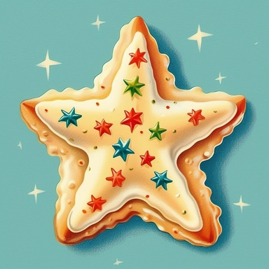 vintage Christmas cookie clipart, star shaped, with white frosting, sprinkles, candy, 1940s , chromolithograph, on a cream colored background