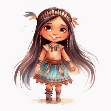 Toddler princess Pocahontas cartoon watercolor, round face delicate her long hair sharp and detailed her outfit like the original princess, character should be well drawn with soft tones a very clear smile confident and a head lightly painted in watercolor the character is a one year old baby should be on a white background clipart
