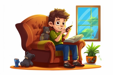 the boy is talking throuh a mobile phone sitting on the sofa. Clipart image