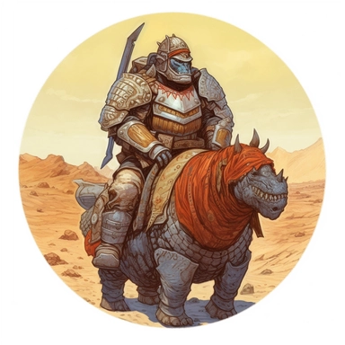 riding rider badass desert lightly-armored orc orcish scout wearing a fantasy Regency-era military-style uniform, CM Russell Mike Allred Josh Kirby Mad Max Dungeons & Dragons, handpainted punk zine indie retrowave film poster, clipart illustration, circle white background, circular border