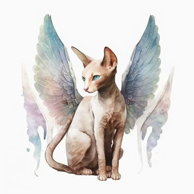cute Oriental Shorthair cat with angel wings watercolor clipart on white background
