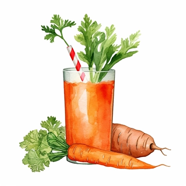 one watercolor clip art Carrot juice on a white background, in the style of animal figurines, texture-rich, multilayered collages, lively tableaus, use of paper, cabincore, uhd image , no watermark, text, words, paintbrush, 300 DPI, typography, the images do not stick together, no text in the picture
