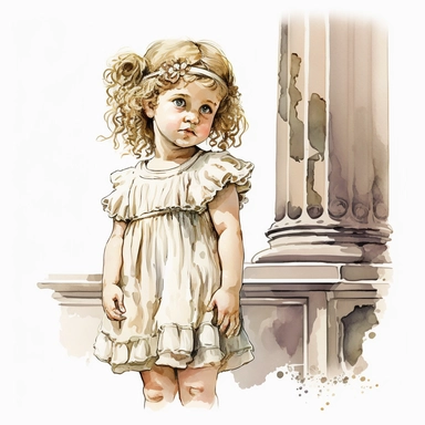 a cute and ultra realistic hellenistic little blonde curly haired girl with watercolor effect,full body,ultra realistic,ancient greece vibe,white background,suitable for digital clipart,hellenistic scene,ancient greece,vibrantly colors,greek columns