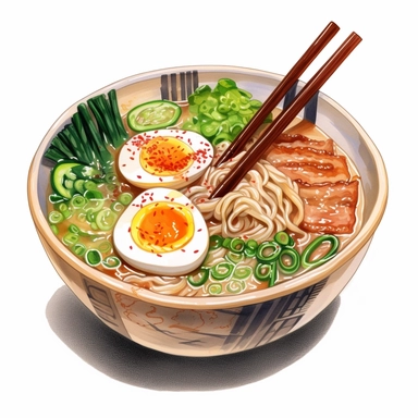watercolor, hyper realistic, white background, white margins, 16k, ultra detailed clipart, cut out image, hand-drawn a steaming hot bowl of ramen noodles topped with sliced pork, bamboo shoots, and green onions, in the style of anime art, detailed shading, heavy shading