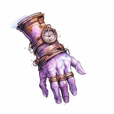 Steampunk style glove with watercolor effect,unrealistic fantastic,white background,suitable for digital cliparts,fantastic scene,high quality,purple colors