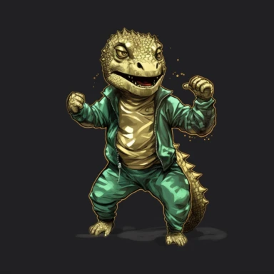 baby Godzilla, looks like Michael Jackson, doing dance steps, wearing a miami heat basketball jersey, wearing a gold pendant with a gold bitcoin on it, wearing hip hop style black satin pants and a green iridescent silk shirt, techno lighting, clipart on plain background
