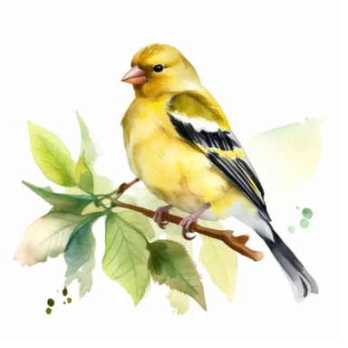 a single watercolor american goldfinch sitting on a leafy branch clipart, hd, white background, spaced out