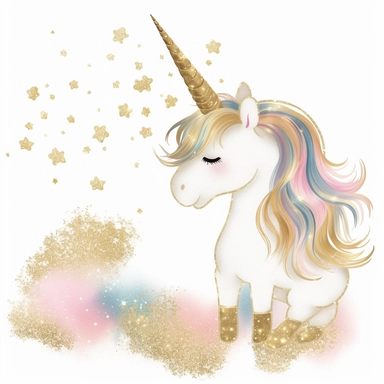 one gold glitter unicorn clipart with a rainbow an fluffy gold clouds,, white background