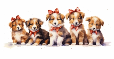 Adorable happy golden collie puppies in a line, dressed in cute christmas outfits, playful, vivid colors, white background, ornamental watercolor clipart, I can't believe how beautiful this is