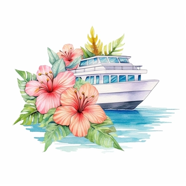 Pastel Cute Beautiful Hawaii Boat tropical flower Watercolor Sublimation Clipart,Cartoon, hyper realistic, intricate detail, illustration style,high solution,on the white background