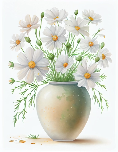 detailed vibrant watercolor bouquet of white cosmos in plain ceramic vase white space , isolated on white background, realistic, clipart
