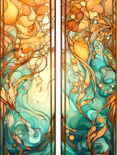 signboard panel of amberwood, clipart, soft, flowing lines, elegant, Art nouveau, teal and amber color scheme, Alcohol ink watercolor, no background