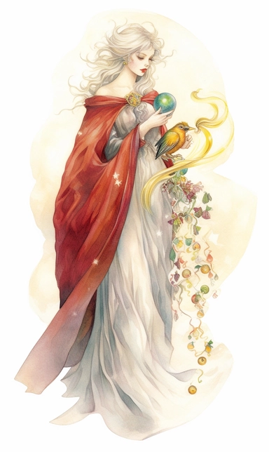 light watercolor pencil sketch, bright, clipart on white background, dreamy, Studio Ghibli, Woman playing with cardinal birds. Red, green, gold, white color palette. Gorgeous woman with Christmas inspired ball gown holding a wooden Christmas staff. Intricate Christmas designs on the cape. Long velvet cape with fur on the hood.