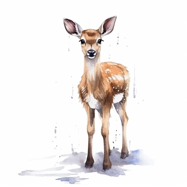 an adorable Deer standing on snow in the style of watercolour clipart with detailed brush strokes