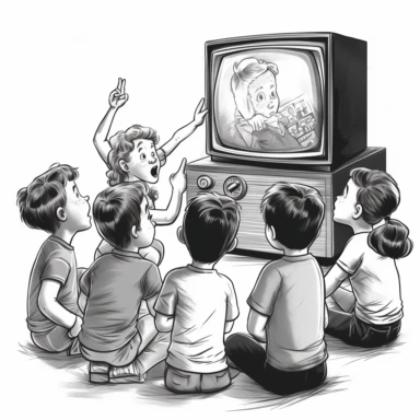 children watching television and mimicing the actions displayed in the TV, clipart, black and white, no background