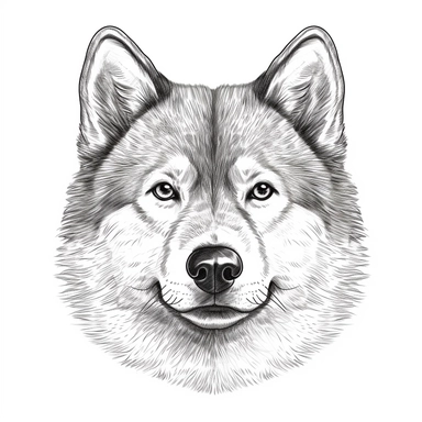 akita face hand drawn clipart image, black and white for coloring book, white background